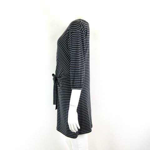 【中古】ピンクムスー PINK MOUSSEUX チュニック カットソー ワンピース ボーダー柄 Vネック リボン ドロップショルダー 7分袖 M 38 グレー 黒 ブラック レディース 【ベクトル 古着】 250508