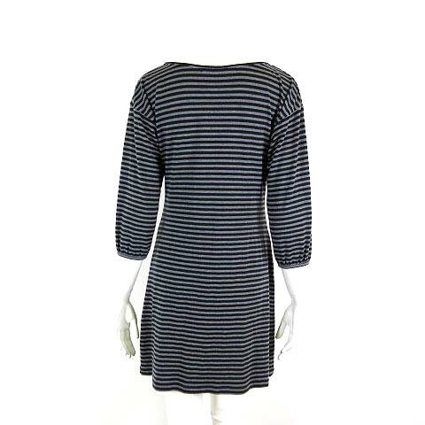 【中古】ピンクムスー PINK MOUSSEUX チュニック カットソー ワンピース ボーダー柄 Vネック リボン ドロップショルダー 7分袖 M 38 グレー 黒 ブラック レディース 【ベクトル 古着】 250508