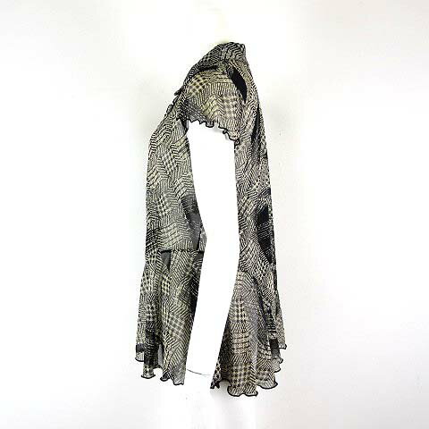 【中古】FT.collection チュニック シャツ ブラウス シアー シースルー 総柄 ハーフボタン メロウ フリル フレア ストレッチ 半袖 M ベージュ 黒 ブラック レディース 【ベクトル 古着】 250512