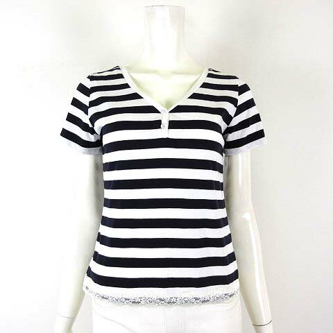 【中古】リョウコキクチ RYOKO KIKUCHI トップス カットソー ボーダー柄 花柄 レース Vネック ヘンリーネック クリア 装飾ボタン 半袖 M 白 ホワイト 黒 ブラック アイボリー レディース 【ベクトル 古着】 250626