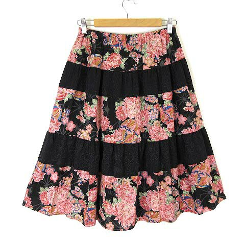 【中古】スタイルオペレーション Style operation スカート ティアード 縮絨 ちりめん 和柄 花柄 切替 ミモレ丈 M 黒 ブラック マルチカラー レディース 【ベクトル 古着】 250804(4)