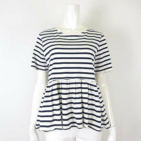 【中古】ザラ ZARA カットソー プルオーバー ペプラム ボーダー柄 クルーネック コットン 半袖 M オフ白 紺 ネイビー レディース 【ベクトル 古着】 250818
