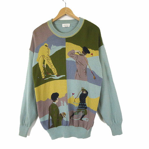 【中古】アダバット adabat ヴィンテージ 90s ゴルフ ニット セーター ロゴ 総柄 ウール クルーネック ..