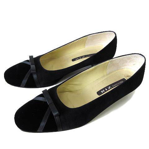 【中古】リズラフィーネ Riz raffinee パンプス 本革 スエードレザー ベロア ドッキング リボン 幅広ワイズ 24.0cm EE 黒 ブラック くつ 靴 シューズ レディース 【ベクトル 古着】 251121