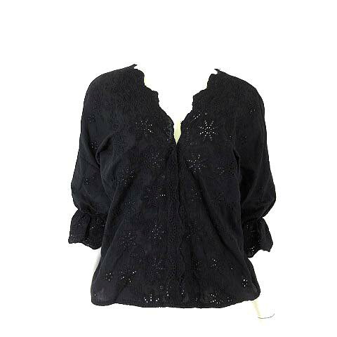 Rakuten - 【中古】マリーヒル Marie Hill ブラウス プルオーバー 花柄 カットワーク 切替 スカラップ フリル Vネック シアー シフォン コットン キャンディースリーブ 7分袖 M 黒 ブラック レディース 【ベクトル 古着】 260407