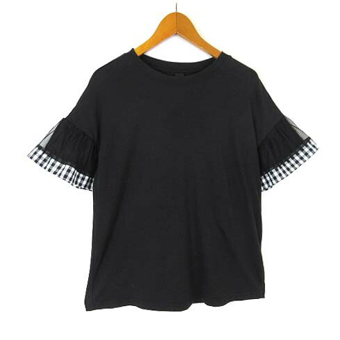 乐天商城 - 【中古】フリフル FRIFUL カットソー トップス クルーネック コットン ストレッチ フレアスリーブ チュール ギンガムチェック 切替 半袖 S 黒 ブラック 白 ホワイト レディース 【ベクトル 古着】 260413