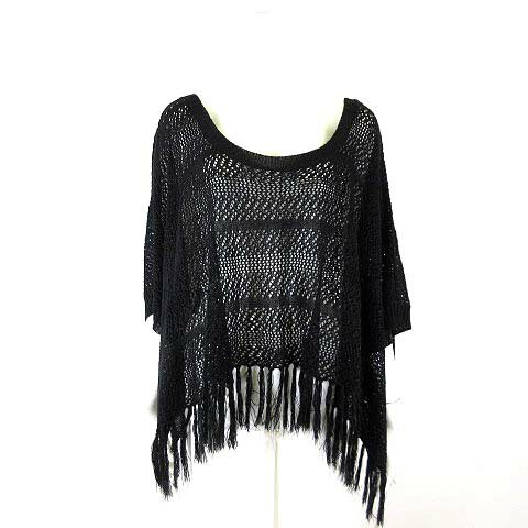 樂天商城 - 【中古】未使用品 ヘルシーカレン HEALTHY KAREN ポンチョ ニット 透かし編み フリンジ ラメ 3XL 黒 ブラック 大きいサイズ タグ付 美品 レディース 【ベクトル 古着】 260518