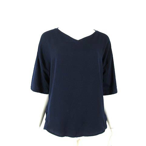 ショコラフィネローブ chocol raffine robe ブラウス プルオーバー カットソー 異素材 切替 Vネック 落ち感 とろみ ギャザー タック 5分袖 半袖 L 紺 ネイビー レディース  260707