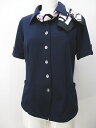 【中古】セロリー SELERY 事務服 仕事服 ストライプ柄 半袖 シャツ ブラウス 7 紺系 ネイビー リボン ボタン レディース 【ベクトル 古着】 240309