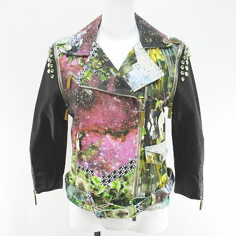 【中古】ジル サントゥッチ GIL SANTUCCI 2WAY 八分袖 ライダース ジャケット ベスト 本革 42 緑系 グリーン イタリア製 ジップアップ ラインストーン 切替 綿 コットン レディース 【ベクトル 古着】 250117