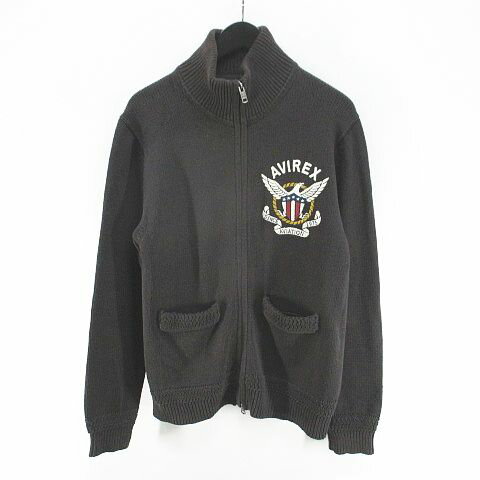 【中古】アヴィレックス AVIREX 長袖 カーディガン ニット 灰系 グレー ジップアップ ロゴ 文字 刺繍 ポケット 綿 コットン メンズ 【ベクトル 古着】 250117