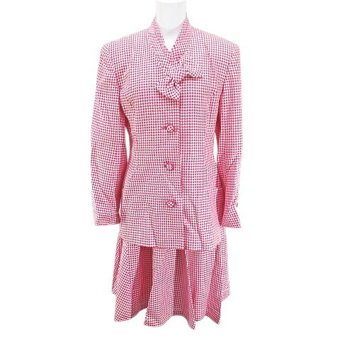 【中古】ハナエモリ HANAE MORI 千鳥格子柄 セットアップ ジャケット 膝丈 フレアスカート スカート 絹 シルク 9A3 ピンク系 毛 ウール 裏地 レディース 【ベクトル 古着】 250225