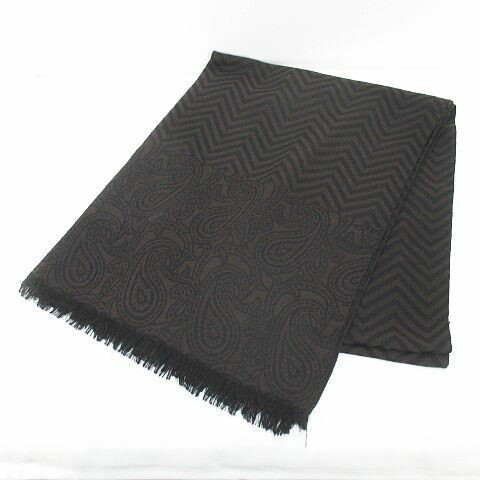 【中古】ガブリエレパジーニ Gabriele Pasini マフラー ストール UNI 茶系 ブラウン ヘリンボーン柄 ペーズリー フリンジ 毛 ウール 絹 シルク混 メンズ 【ベクトル 古着】 250326
