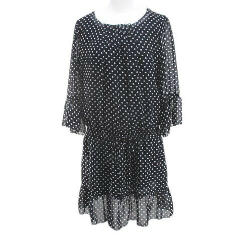 【中古】filament 七分袖 膝丈 ワンピース L ネイビー 紺系 水玉柄 ドット ウエストリボン 裏地 レディース 【ベクトル 古着】 250424