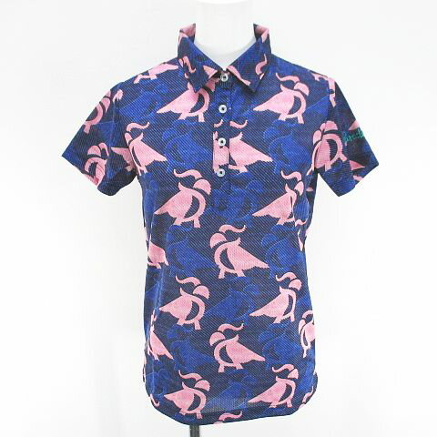 【中古】パラディーゾ Paradiso ゴルフウェア 半袖 ポロシャツ カットソー M 青系 ブルー ロゴ 文字 刺繍 総柄 レディース 【ベクトル 古着】 250428