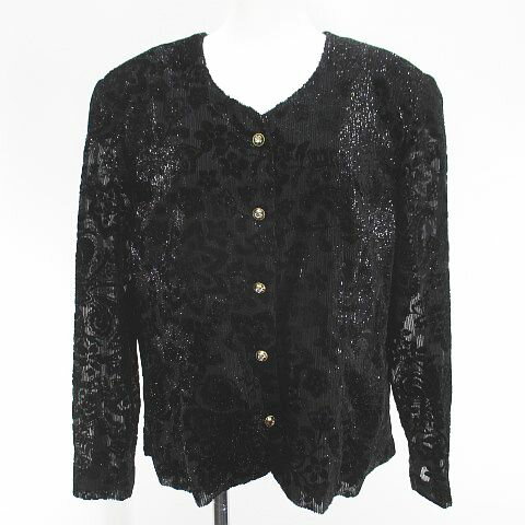 【中古】未使用品 L'AUBE du NONA 花柄 フラワー ノーカラージャケット 薄手 ベロア ベルベット 13 黒系 ブラック シースルー 透け感 肩パット タグ付 レディース 【ベクトル 古着】 250825