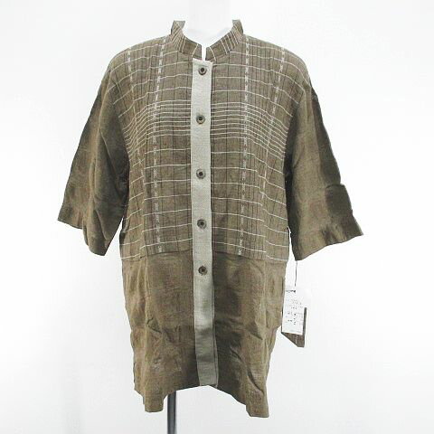 【中古】未使用品 あいびぶれ 宮井株式会社 半袖 シャツ ジャケット 薄手 FREEサイズ 茶系ブラウン チェック柄 切り替え スタンドカラー バック 裾ボタン 飾り タグ付き レディース 【ベクトル 古着】 250901(4)
