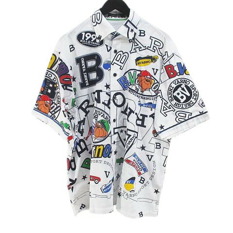 【中古】BARNI VARNO バーニヴァーノ 半袖 シャツ LL 総柄 白系 ホワイト 綿 アニマル 英文字 ボタン ..