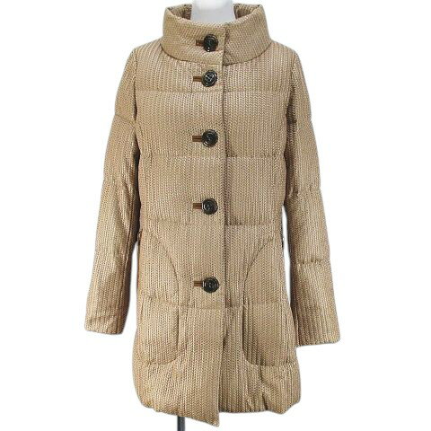 【中古】クリスチャンオジャール CHRISTIAN AUJARD 京都西川 KYOTO NISHIKAWA コラボ ダウンコート ミドル丈 9AT 茶系 ライトブラウン メッシュ 総柄 ボタン 裏地 レディース 【ベクトル 古着】 251021