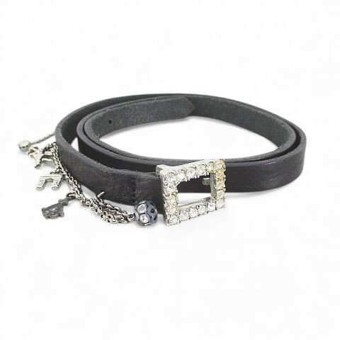 【中古】細ベルト レザー 本革 チェーン装飾 チャーム 105 黒系 ブラック イタリア製 ラインストーン トップ式 バックル 小物 レディース 【ベクトル 古着】 251023