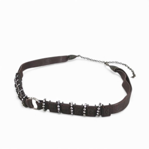 【中古】チェーンベルト レザー 茶系 ブラウン ラインストーン カニカン 小物 アクセサリー レディース..