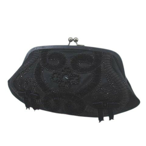 【中古】モスキーノ MOSCHINO ポーチ がま口 ビーズ リボン ブラック 黒系 サテン レディース 【ベクト..