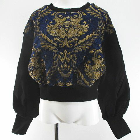 【中古】ハレ HARE 2way ゴブラン織り 切替 長袖 トレーナー ショート丈 F 青系 ブルー 総柄 リブ レディース 【ベクトル 古着】 251206