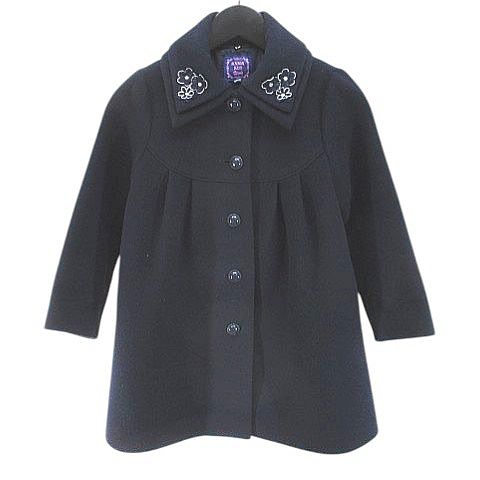 【中古】アナスイ ANNA SUI mini ステンカラーコート ミドル丈 120 紺系 ネイビー 日本製 フラワーモチーフ 刺繍 毛 ウール 裏地 キッズ 【ベクトル 古着】 260120