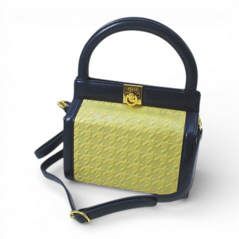 【中古】ペレボルサ PELLE BORSA ハンド ショルダー バッグ 千鳥格子 エンボス加工 バイカラー イエロー ネイビー レディース 【ベクトル 古着】 260120
