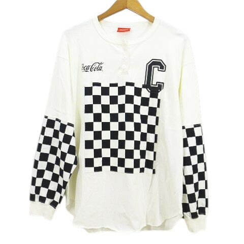 Rakuten - 【中古】コカ・コーラ Coca-Cola Freada 長袖 Tシャツ F 白系 ホワイト 市松模様 ヘンリーネック ロゴプリント メンズ レディース 【ベクトル 古着】 260308
