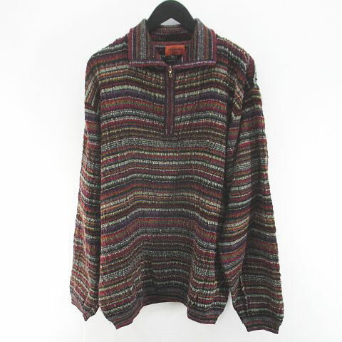 Knit Sweater - 【中古】ミッソーニ MISSONI ボーダー 長袖 ニット セーター クォータージップ 52 赤系 レッド イタリア製 モヘヤ 毛 ウール メンズ 【ベクトル 古着】 260313