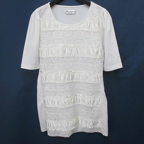 【中古】スビニエ Soobinie 半袖 カットソー 9 白系 ホワイト 切替 レース サテン スパンコール ギャザー レディース 【ベクトル 古着】 260402