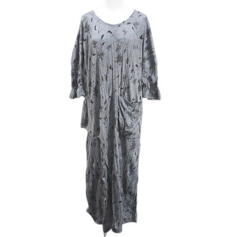 【中古】エイココンドウ EIKO KONDO 八分袖 ロング丈 プリーツワンピース ワンピース 灰系 グレー 日本製 ポケット 総柄 レディース 【ベクトル 古着】 260416