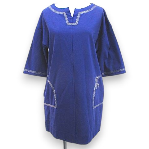 【中古】ロベルタディカメリーノ Roberta di Camerino 七分袖 チュニック 9/M 青系 ブルー スリットネック 刺繍 ステッチ レディース 【ベクトル 古着】 260427