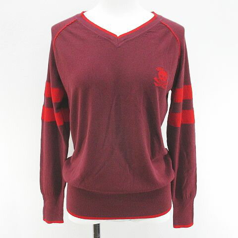 Three-Quarter Knit - 【中古】未使用品 ウェンディトレンディ Wendy trendy 長袖 ニット セーター Vネック 9 ボルドー系 ワインレッド ライン タグ付 レディース 【ベクトル 古着】 260427