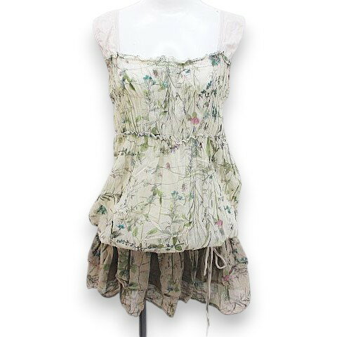 【中古】パオラフラーニ PAOLA FRANI ボタニカル柄 ノースリーブ チュニック 42 ベージュ 切替 ティアード フリル 透け感 イタリア製 ..