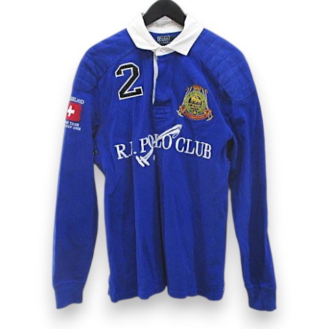 【中古】ポロ バイ ラルフローレン Polo by Ralph Lauren 2008 Winter Cup スイス代表 ダブルポニー 長袖 ラガーシャツ M 青系 ブルー ハーフボタン 刺繍 メンズ 【ベクトル 古着】 260713