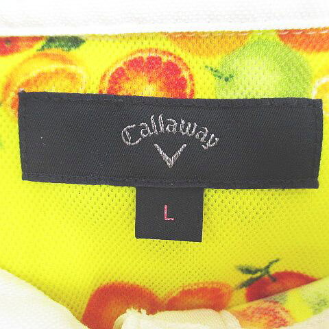 ブランド古着ベクトルプレミアム店の【中古】キャロウェイ CALLAWAY ゴルフウェア フルーツ柄 半袖 ポロシャツ カットソー L 黄 イエロー系 ロゴ 文字 刺繍 ボタン レディース 【ベクトル 古着】 260724｜アングル3