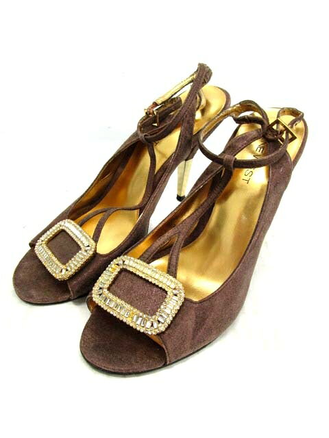 【中古】ナインウエスト NINE WEST サンダル T字 ストラップ ビジュー レザー 7M 茶 /KY▲H レディース 【ベクトル 古着】 180728 ブランド古着ベクトルプレミアム店