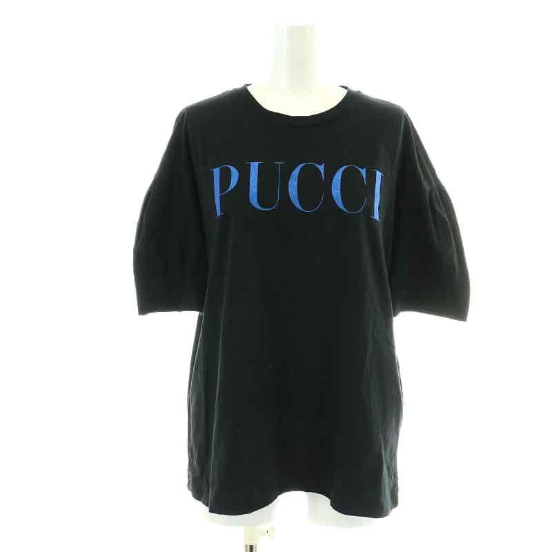 【中古】エミリオプッチ EMILIO PUCCI Tシャツ カットソー 半袖 クルーネック ロゴプリント ラメ M 黒 ブラック 青 ブルー /NW35 レディース 【ベクトル 古着】 240326