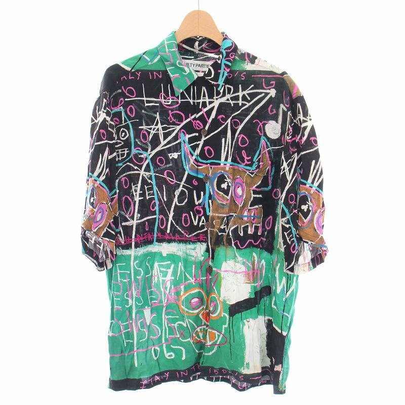 【中古】ワコマリア WACKO MARIA JEAN MICHEL BASQUIAT 23SS HAWAIIAN SHIRT ハワイアンシャツ アロハシャツ レギュラーカラー 半袖 総柄 M 黒 ブラック マルチカラー WM-HI16 /BB メンズ 【ベクトル 古着】 240805