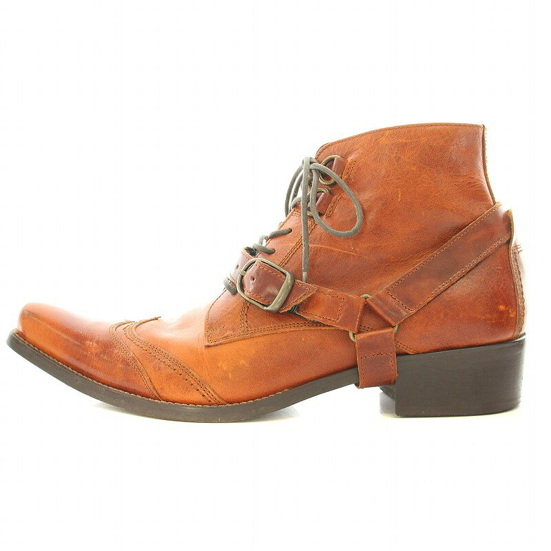 【中古】フープディドゥ whoop-de-doo ウエスタンブーツ ショートブーツ ウイングチップ レースアップ ベルト レザー ローヒール 25cm 茶 ブラウン /BB メンズ 【ベクトル 古着】 240916