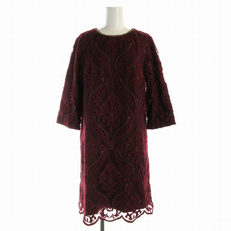 【中古】グレースコンチネンタル GRACE CONTINENTAL ワンピース ひざ丈 刺繍 ビジュー装飾 五分袖 36 S ボルドー /EE レディース 【ベクトル 古着】 241203