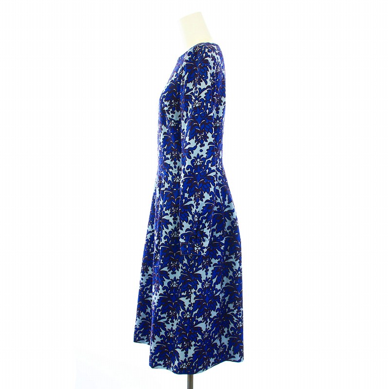 【中古】オールドイングランド OLD ENGLAND ワンピース フレア ミモレ ロング 長袖 タック 花柄 プリント ウール 36 M 青 ブルー 水色 /KU レディース 【ベクトル 古着】 241203