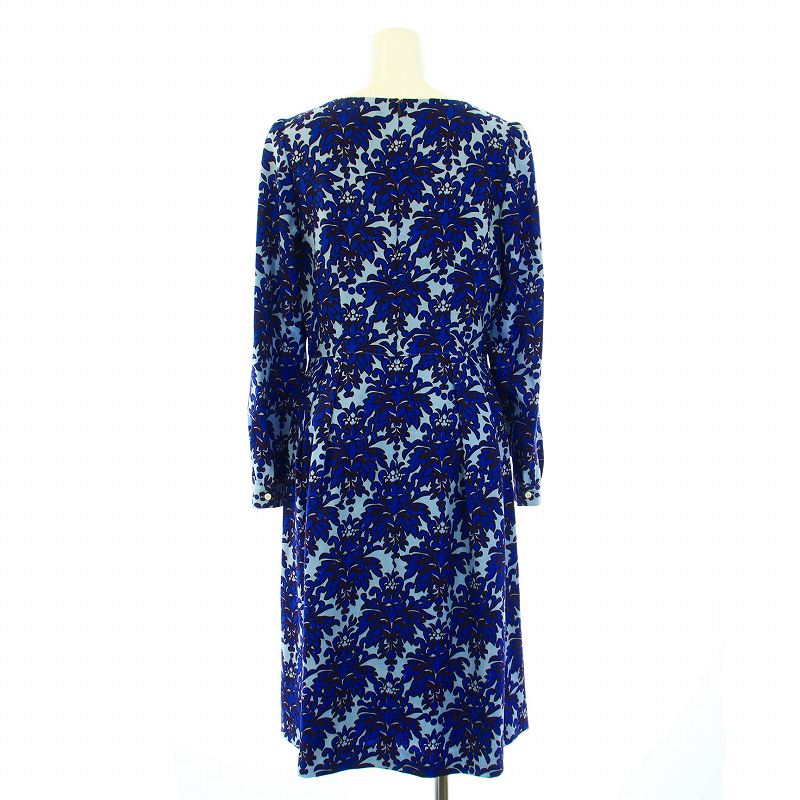 【中古】オールドイングランド OLD ENGLAND ワンピース フレア ミモレ ロング 長袖 タック 花柄 プリント ウール 36 M 青 ブルー 水色 /KU レディース 【ベクトル 古着】 241203