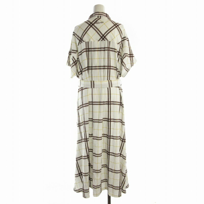 【中古】アヴィレックス AVIREX シャツワンピース マキシ ロング チェック 麻 リネン混 ベルト付き ロゴ 刺繍 半袖 M 白 ホワイト 茶 ブラウン /RO レディース 【ベクトル 古着】 241213