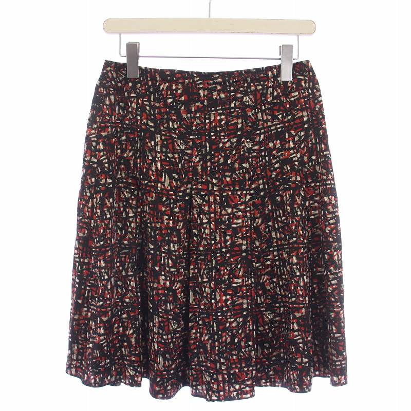 【中古】ポールカ PAULE KA フレアスカート ひざ丈 総柄 シルク 38 M 黒 ブラック 赤 レッド /BM レディース 【ベクトル 古着】 250129