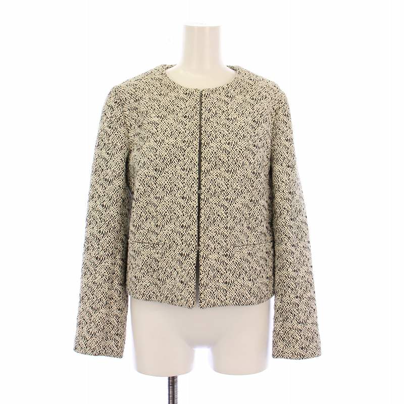 【中古】セオリー Theory BAMBOOTWEED CROPPED EREW JKT バンブーツイードクロップドエレウジャケット ノーカラー フレアスカート タック ひざ丈 2 0 グレー 黒 ブラック 9104000 /BB レディース 【ベクトル 古着】 250313 2