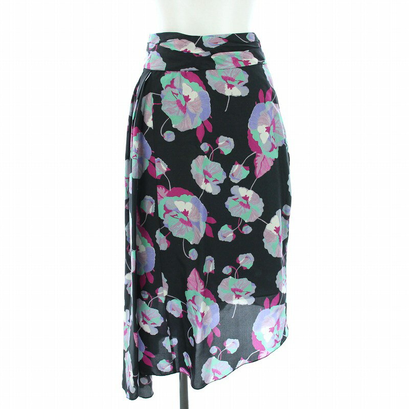 【中古】未使用品 イザベルマラン ISABEL MARANT 2020年製 フレアスカート ミモレ丈 ロング アシンメトリー 花柄 シルク 36 黒 ブラッ..