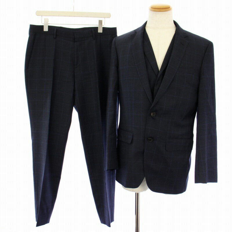 【中古】ヒューゴボス HUGO BOSS ウインドウペン スリーピース シングルスーツ 上下 テーラードジャケット ベスト パンツ スラックス 48 ネイビー 10210540 /TK メンズ 【ベクトル 古着】 250403